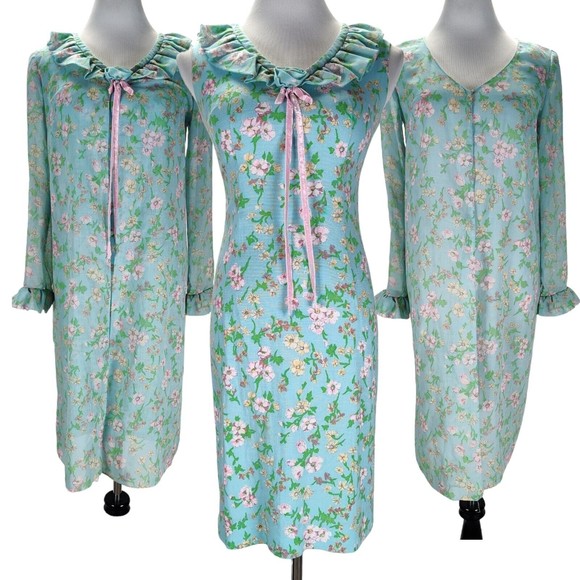 Vintage 60s Blue Dress Size S/M Flower Power Sheath Matching Sheer Jacket - Picture 1 of 16